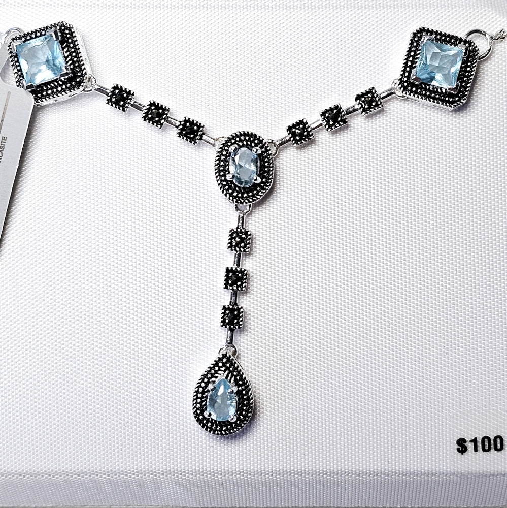 LE Vieux Swarovski Blue Crystal Silver Marcasite Necklace Lariat Dangle Big NWT